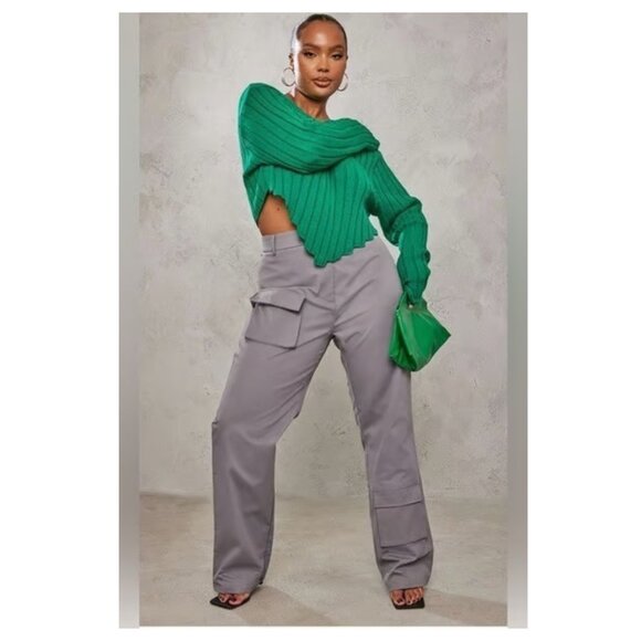 Women's Plus Size Green Cropped Knit Ribbed Sweater UK XXL US 18/20 - Picture 2 of 8